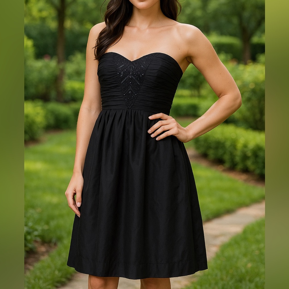 DONNA MORGAN Strapless Black Cocktail Dress Beaded Bodice Tulle Skirt =Size 12=